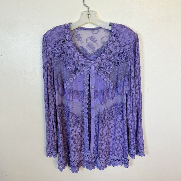 Vintage Womens Purple Lavender Long Sleeve Button Up Shirt Top Medium Lace - Picture 2 of 13